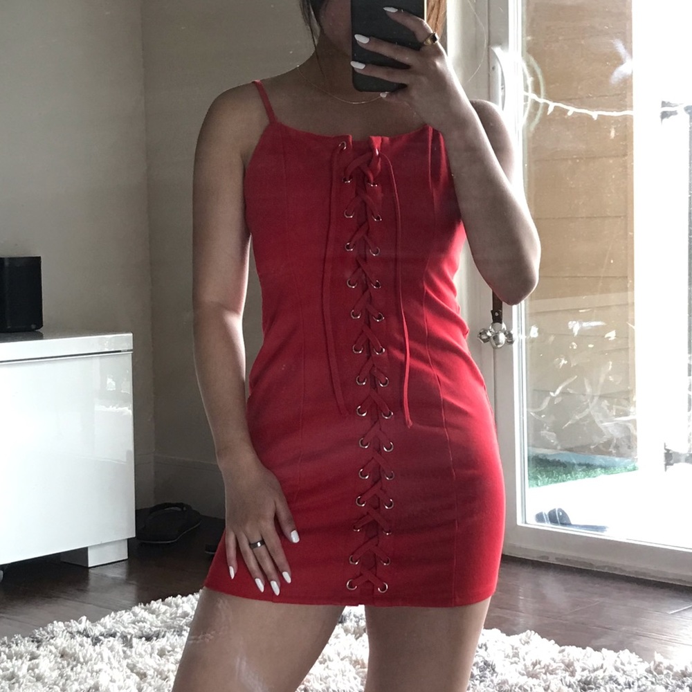 Red Lace Up Mini Dress